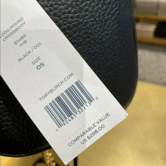 Tory Burch Logo Round Crossbody Purse Black Gold - Picture 8 of 8